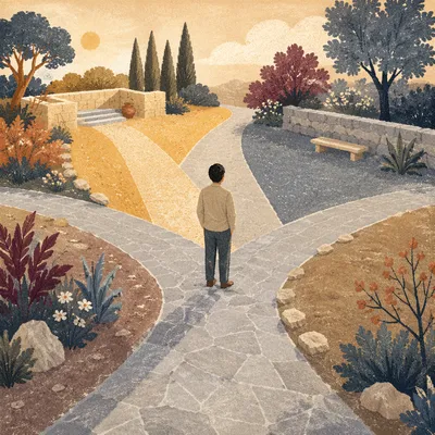 Person Choosing Paths in Quiet Garden
