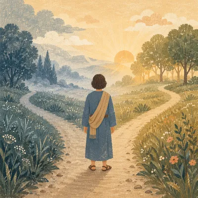 Contemplative Person at Misty Crossroads