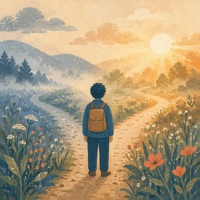 Contemplative Traveler Facing a Misty Crossroads
