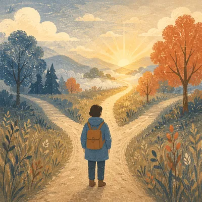 Prayerful Traveler Facing Three Countryside Paths
