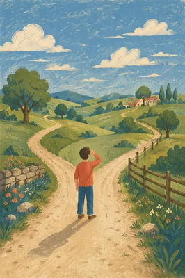 Person Choosing Path at Rural Crossroads
