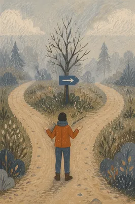 Lone Traveler Facing Foggy Crossroads Choice