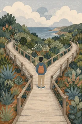 Contemplative Crossroads on Coastal Boardwalk