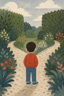 Child Facing a Garden Path Crossroads