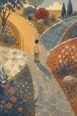 Solitary Figure Choosing Paths in Quiet Garden