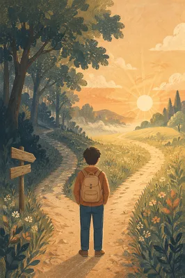 Contemplative Traveler Facing a Countryside Crossroads