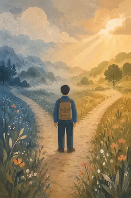 Prayerful Crossroads in Misty Morning Meadow