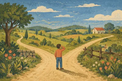 Person Choosing Path at Rural Crossroads