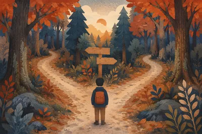 Person Choosing a Path in Autumn Forest