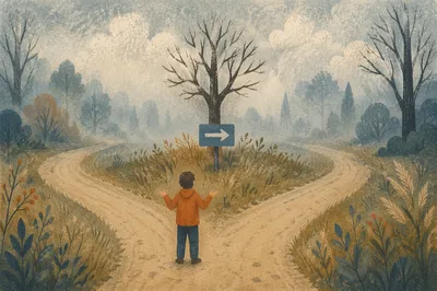 Person Choosing a Foggy Crossroads Path