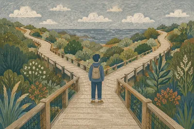 Contemplative Person at Wooden Crossroads Path