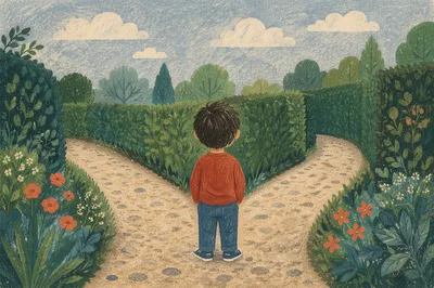 Child Facing Crossroads Garden Path Choice