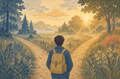 Contemplative Person at a Morning Crossroads
