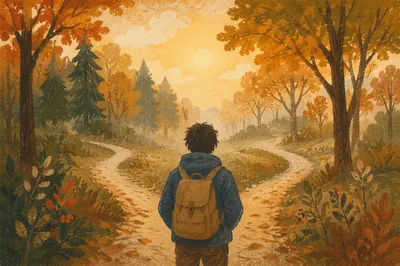 Person at Forest Crossroads Path Choice