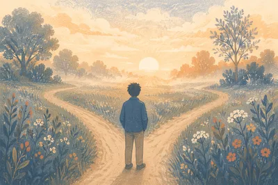 Person at Crossroads in Misty Sunrise