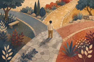 Solitary Figure Choosing Garden Crossroads