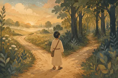 Contemplative Traveler at Countryside Crossroads