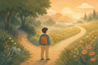 Contemplative Crossroads on a Misty Country Path