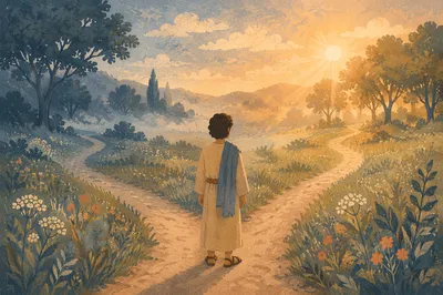 Contemplative Figure at Misty Countryside Crossroads