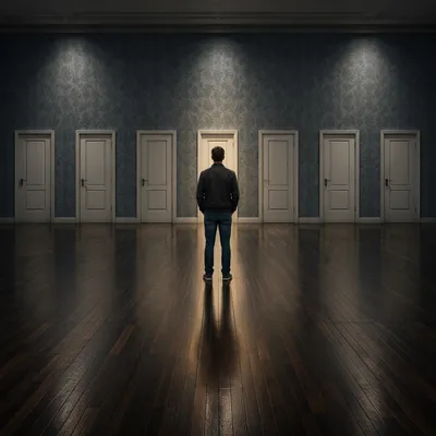 Person Facing Closed Doors of Choice
