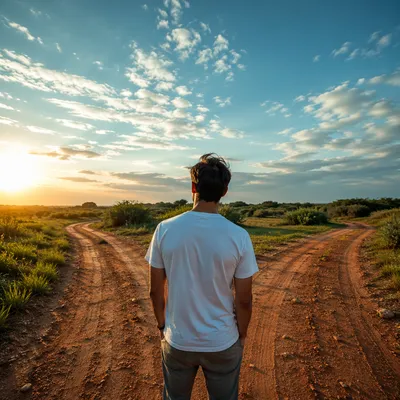 Person Choosing a Path at Rural Crossroads