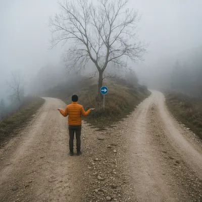Person Facing a Foggy Crossroads Choice
