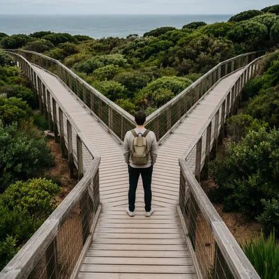 Crossroads Decision on Wooden Boardwalk