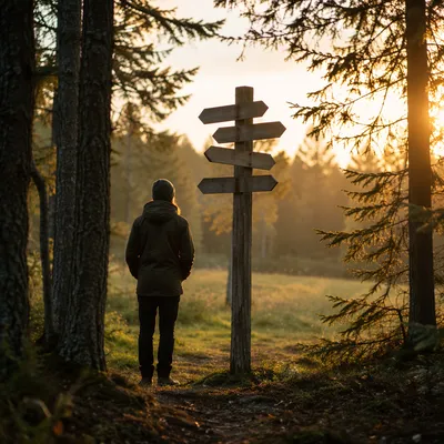 Person Contemplating Choices at Woodland Crossroads