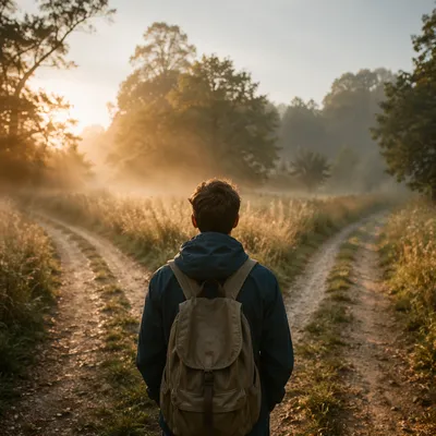 Person at Crossroads in Morning Mist