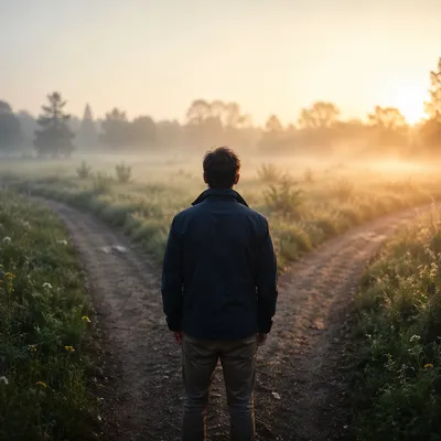 Person at Crossroads in Misty Sunrise