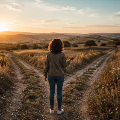 Young Woman Choosing Path at Sunrise