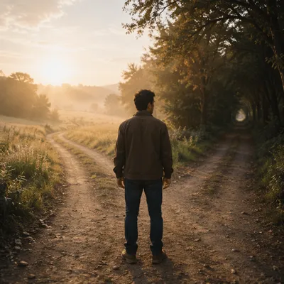 Young Man Facing Crossroads at Sunrise