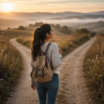 Woman at Forked Country Path Sunrise