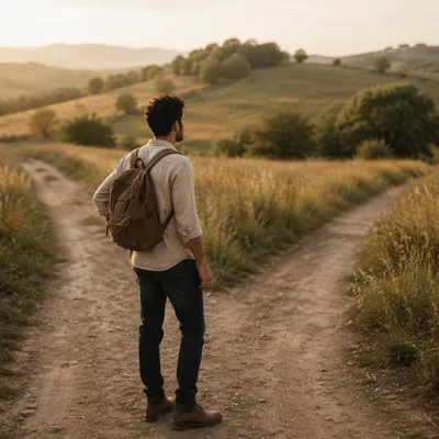 Man Standing at Rural Crossroads