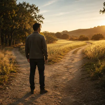 Man Standing at Countryside Forked Path