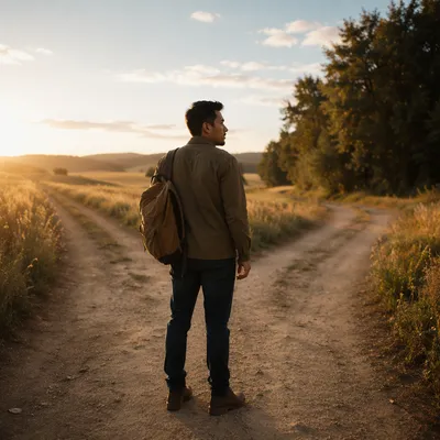 Man Standing at Country Path Fork