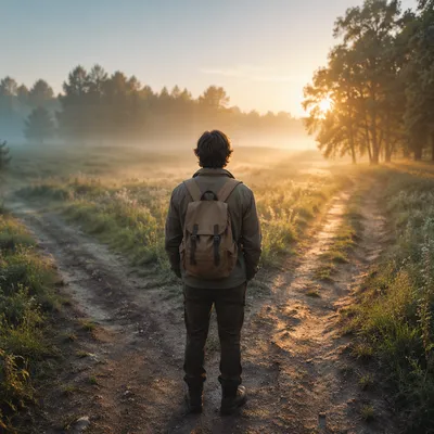 Contemplative Person at Sunrise Crossroads