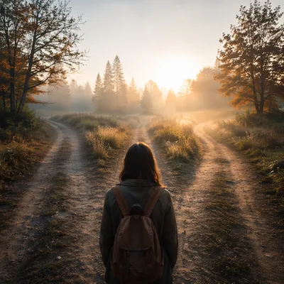 Thoughtful Traveler Facing Three Countryside Paths
