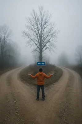 Person Facing a Foggy Crossroads Choice