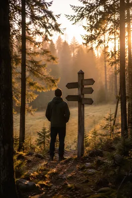 Solitary Person Facing Woodland Crossroads