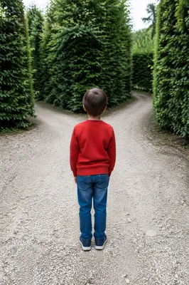 Child Facing a Forked Garden Path