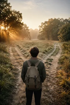 Person at Crossroads in Morning Meadow