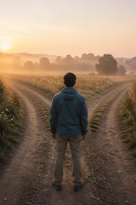 Person at Crossroads in Misty Sunrise