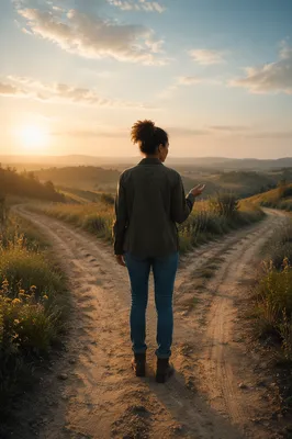 Woman at Forked Country Path Sunrise