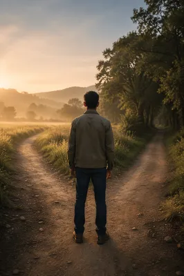 Man Standing at Forked Country Path