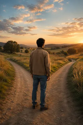 Man Standing at Forked Country Path