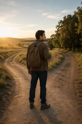 Young Man at Countryside Forked Path