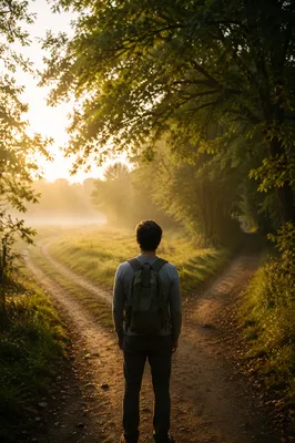 Contemplative Person Facing Countryside Crossroads