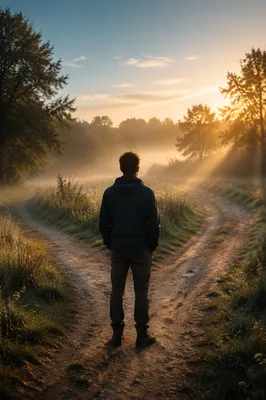 Contemplative Person at Misty Countryside Crossroads