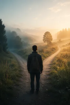 Contemplative Traveler Facing Two Misty Paths